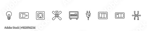 An electrical icon set with visuals for power sources, lighting, wiring, and household devices.