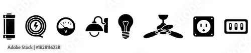 An electrical icon set with visuals for power sources, lighting, wiring, and household devices.