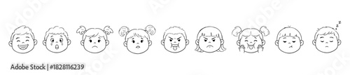 An expressive icon set with cartoon faces showing emotions like joy, anger, sadness, surprise, and sleepiness.