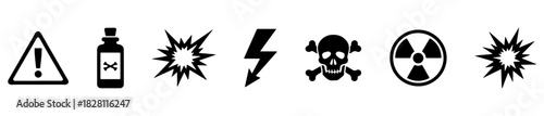 A hazard icon set with symbols for toxic, flammable, electrical, and biological risks. Ideal for safety visuals.