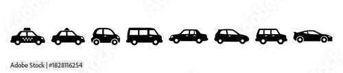 A vehicle icon set with silhouettes of taxis, sedans, and sports cars for transport-related visuals.