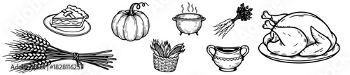A festive food icon set with visuals for turkey, pie, preserves, and seasonal harvest dishes.