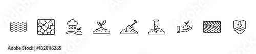 An agriculture icon set with visuals for soil care, planting, water, testing, and environmental protection.