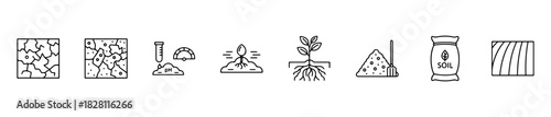 An agriculture icon set with visuals for soil care, planting, water, testing, and environmental protection.