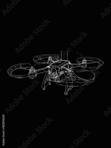 Technical wireframe drawing of a drone, vector outline style, white lines on black background