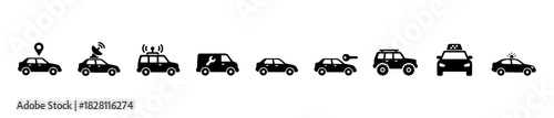 A vehicle icon set with silhouettes of taxis, sedans, and sports cars for transport-related visuals.