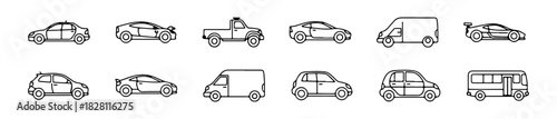 A vehicle icon set with silhouettes of taxis, sedans, and sports cars for transport-related visuals.