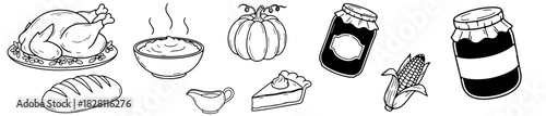 A festive food icon set with visuals for turkey, pie, preserves, and seasonal harvest dishes.