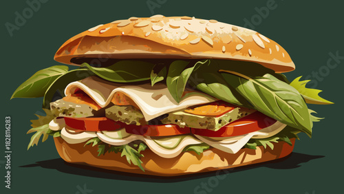 Very beautiful semi-realistic vector illustration of a hearty sandwich made with golden ciabatta, smoky-charred chicken, creamy Brie, and fresh pesto, sliced diagonally to reveal its rich, layered 