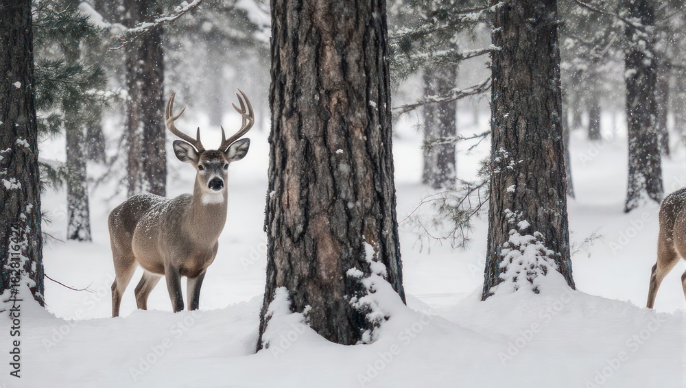 Fototapeta premium Majestic deer with large antlers stands in snowy forest, surrounded by trees