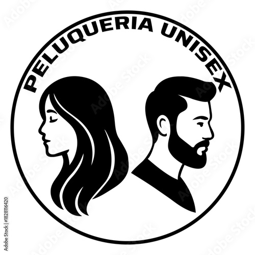 Modern unisex hair salon logo featuring elegant male and female face silhouettes inside a circular frame. Clean and minimalist vector design ideal for barbershops, beauty salons, and hairstylists.
