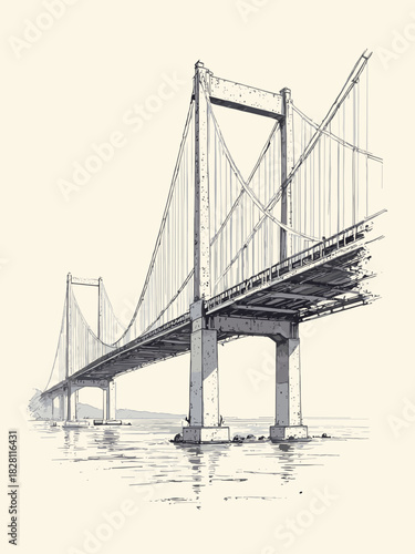 Architectural sketch of a bridge suspension system, loose pencil lines, engineering concept