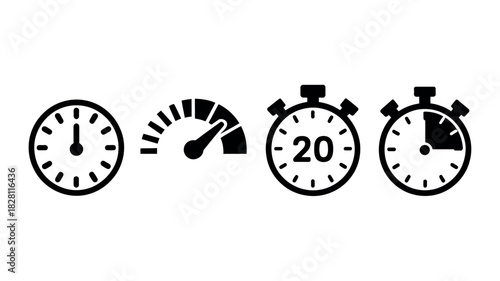 Icons representing time and speed are displayed on a white background.
