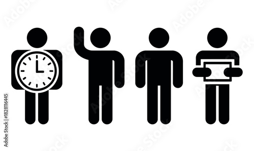 A diverse group of stick figures are depicted with various objects representing time, communication, and knowledge.