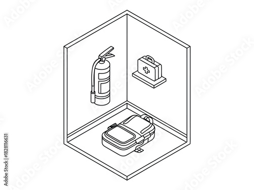 A fire extinguisher and first aid kit are stored in a small storage cubby.