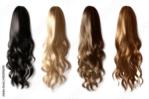 Variety of long wavy hair extensions in black, blonde, brown, and auburn