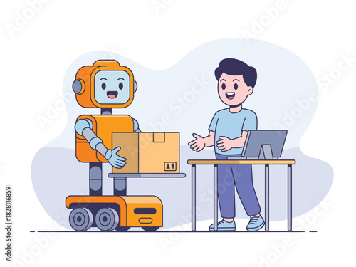 Robot delivers package to a person standing at a desk with a computer.