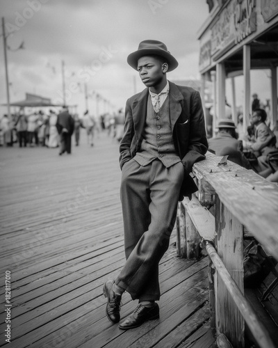 Distressed and grainy B&W portrait of a young African American man in Coney Island in the 1930's.