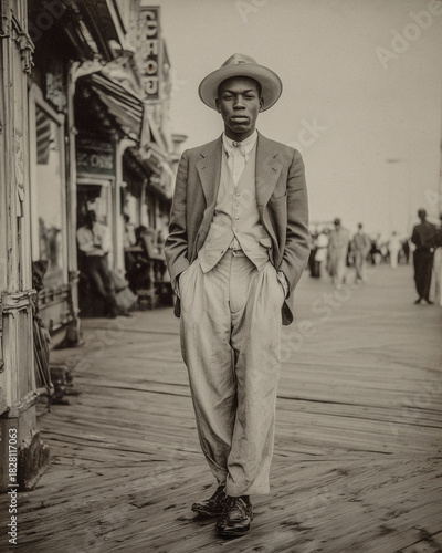 Distressed and grainy B&W portrait of a young African American man in Coney Island in the 1930's.