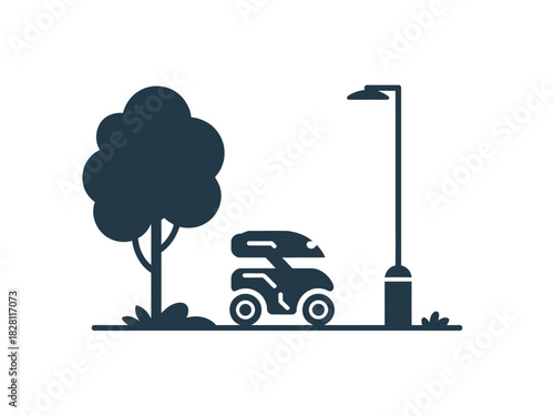 A stylized illustration depicts a tree, a quad bike, and a street lamp on a white background.