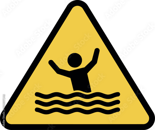 Yellow warning triangle sign with black pictogram of a person drowning in water warning sign danger on transparent background