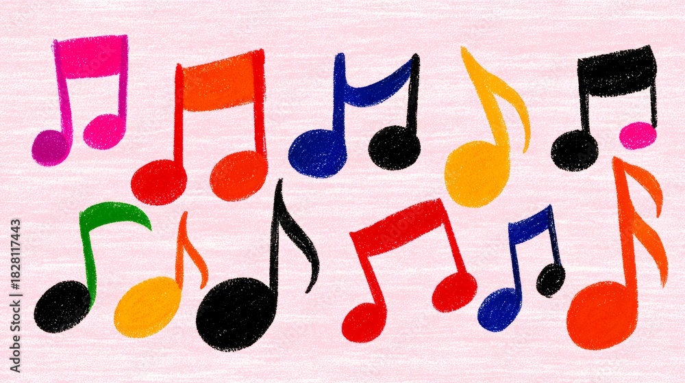 Colorful drawing of musical notes with a pink background. The notes are arranged in a row, with some notes being larger than others. The drawing conveys a sense of creativity and playfulness