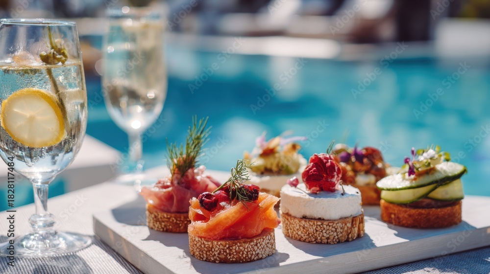 Naklejka premium A tray of appetizers and a glass of sparkling water are set out on a table by a pool