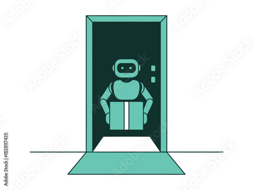 A friendly robot delivers a package through an open doorway, signifying automation and convenience.