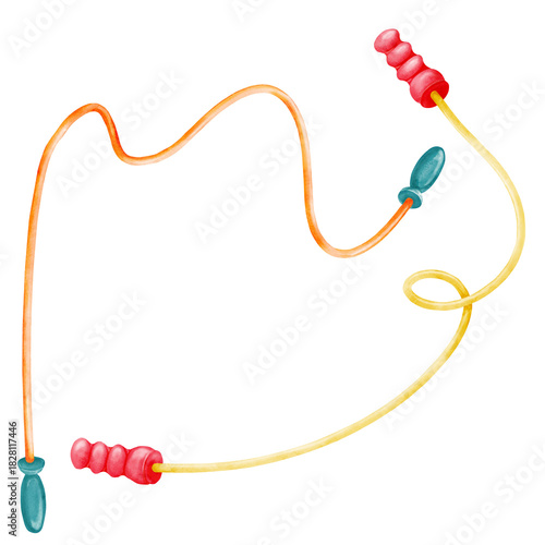 Two skipping ropes isolated on a white background, top view. Watercolor multicolored illustration of jump rope with plastic handles in cartoon style. Equipment for cardio workout, children's games