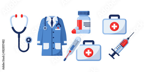 Essential Medical and Pharmaceutical Tools. Healthcare icon set representing diagnosis, treatment, and first aid.