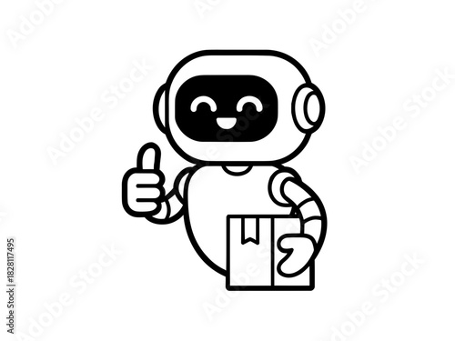 Friendly robot character gives a thumbs up while holding a package.