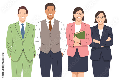 Illustration of four smiling professionals in business attire standing tall