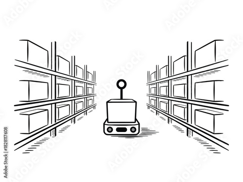 An automated robot navigates a warehouse aisle filled with shelves of boxes.