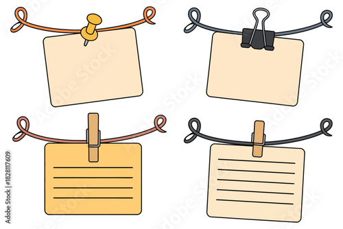 Illustration of four notes hanging with different clips on twisted strings