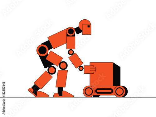 A robotic figure pushes a small wheeled cart carrying a box with its hands, illustrating automation and logistics.