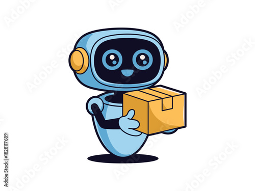 A cute, friendly robot character carries a package, symbolizing delivery and automation.