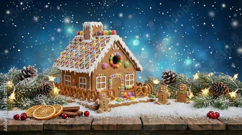 Whimsical Gingerbread House With Icing Decorations And Snowfall Against A Blue Bokeh Background