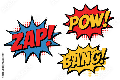 Three comic book style explosion bubbles with zap pow and bang on white background