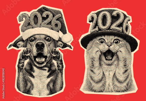 dog and cat celebrating the new year 2026 with festive hats, Happy New Year Retro Halftone Illustration
