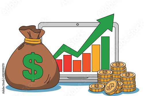 Illustration of money bag coins and increasing chart on a laptop screen