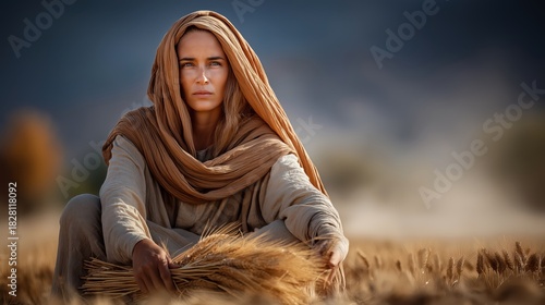 Ruth gathering wheat at the edge of a golden field at sunset.