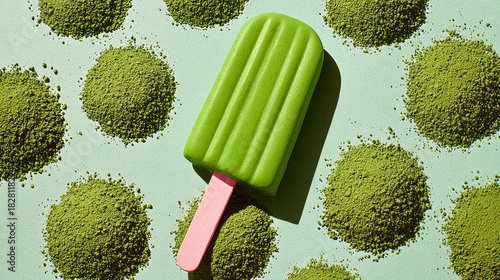Green ice cream stick is placed in the middle of a pile of green powder. The ice cream stick is surrounded by the powder, creating a visually appealing and playful scene