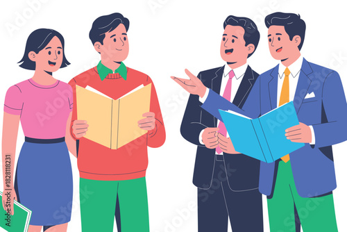 Group of people in business attire discussing documents and reading a book