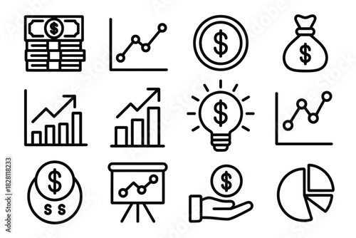 Illustration of financial icons including charts money and lightbulb concept