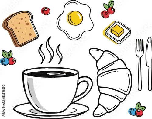 Breakfast Icons Set – Coffee, Croissant, Fried Egg, Toast & Berries in Cute Line Art Style for Menus, Cafes, Food Blogs & Morning Recipes