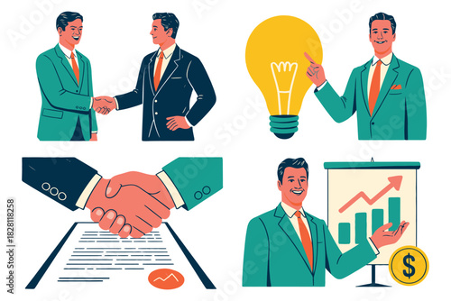 Business illustrations showing handshake, idea, growth and presentation