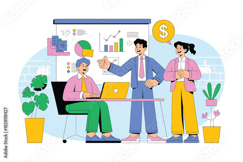 Three business people discussing charts and graphs in a meeting presentation