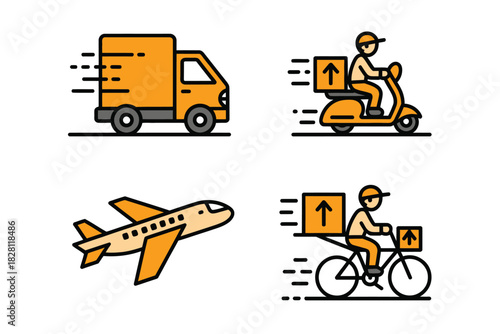 Illustration of delivery methods including truck scooter plane and bicycle