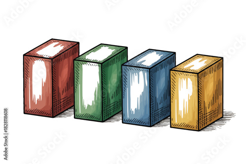Four colored rectangular blocks in a row illustration on a white background