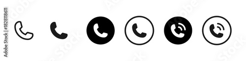 Phone icon. Round call buttons and handset shapes for communication sign. Useful for contact pages, app interfaces and hotline support symbol. Simple UI pictogram concept.